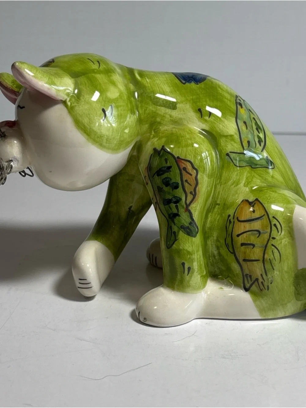 DEI Dennis East Intl Whimsical Cat, Green With Fish Pattern and Wire Whiskers - Picture 5 of 10
